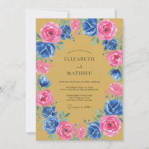 Pink Blue Floral Romance Wedding Invitation