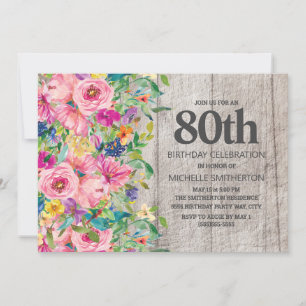 Pink Blue Floral Rustic Wood 80th Birthday Party Invitation