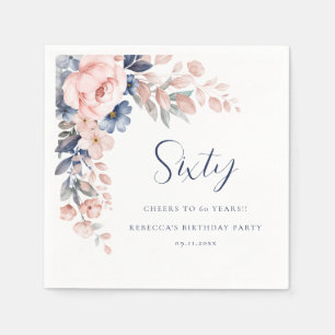 Pink Blue Floral Script 60th Birthday Party Paper Napkin