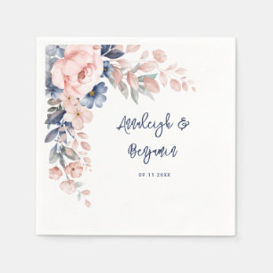 Pink Blue Floral Script Wedding Botanical Paper Napkin