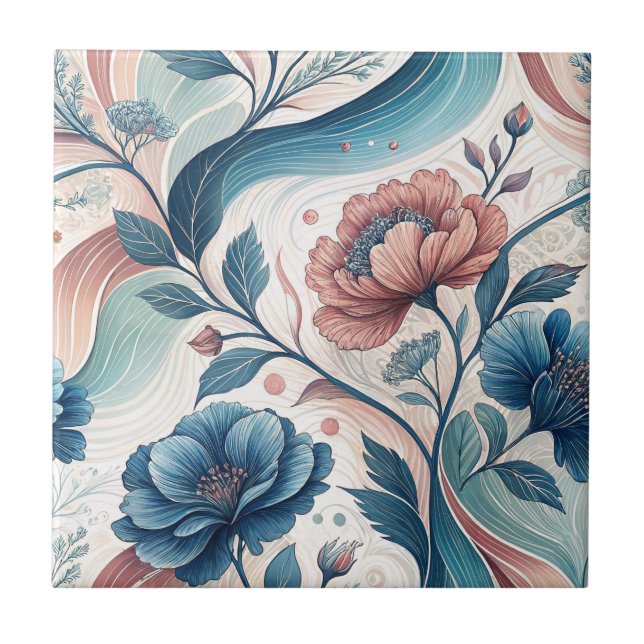 Pink & Blue Floral Swirls Botanical Pattern Art Tile (Front)