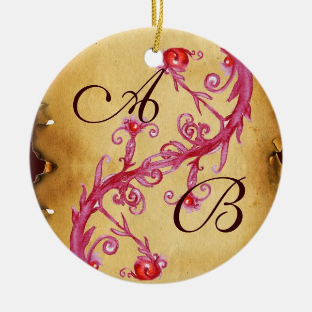 PINK BLUE FLORAL SWIRLS WEDDING SOUVENIR MONOGRAM CERAMIC ORNAMENT (Front)
