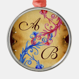 PINK BLUE FLORAL SWIRLS WEDDING SOUVENIR MONOGRAM METAL ORNAMENT