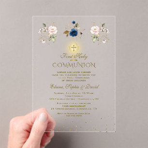 Pink Blue Floral Triplets First Holy Communion Acrylic Invitations