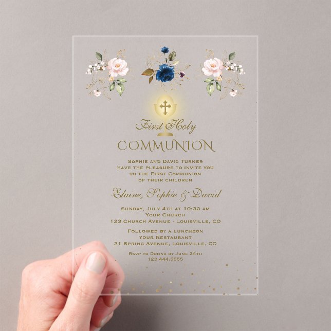 Pink Blue Floral Triplets First Holy Communion Acrylic Invitations (Insitu (Handheld))