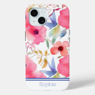 Pink & Blue Floral Watercolor Custom iPhone 15 Case