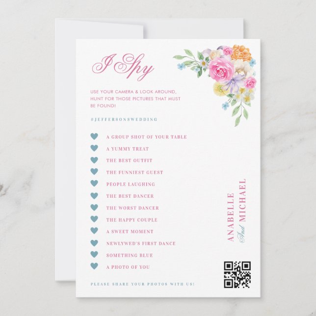 Pink & Blue Floral Wedding I Spy Hunt Game Card (Front)