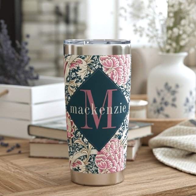 Pink Blue Floral William Morris Elegant Monogram Insulated Tumbler (Creator Uploaded)