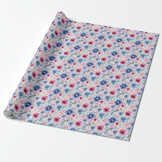 Pink & Blue Floral Wrapping Paper (Unrolled)