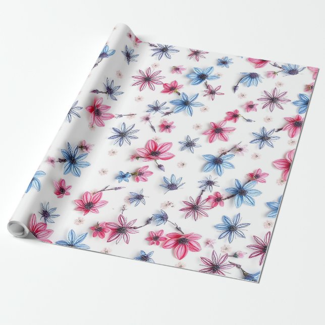 pink blue flower wrapping paper (Unrolled)