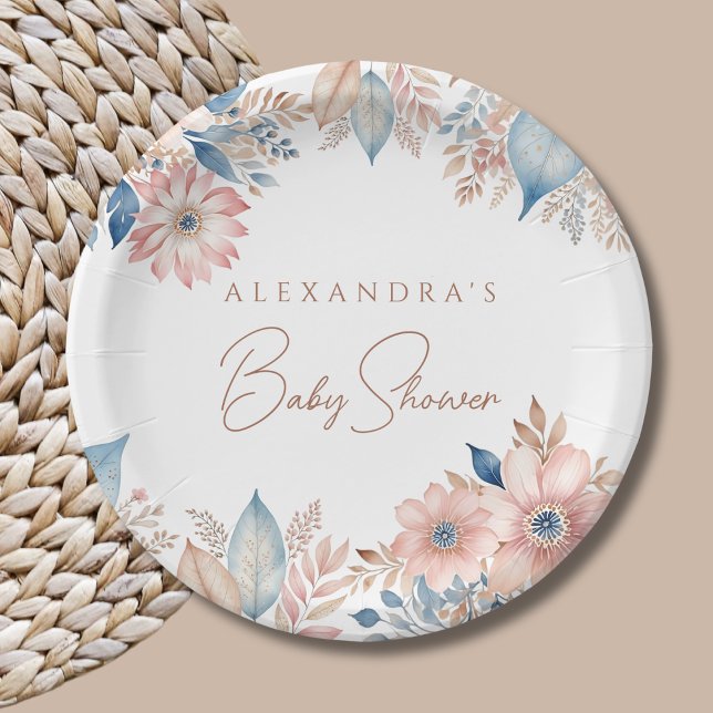 Pink Blue Flowers Boho Chic Baby Shower Paper Plate (Creator Uploaded)