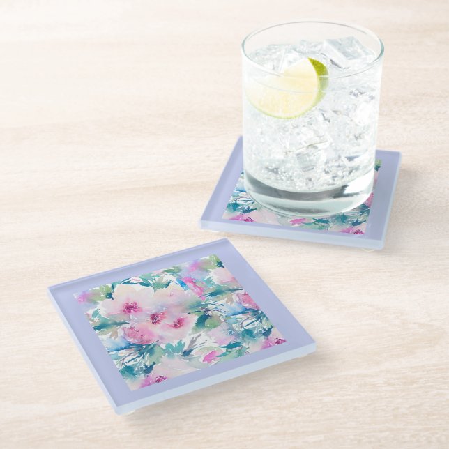 Pink & blue flowers collage pattern glass coaster (Angled)