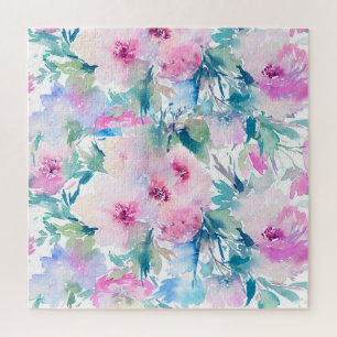 Pink & blue flowers collage pattern jigsaw puzzle