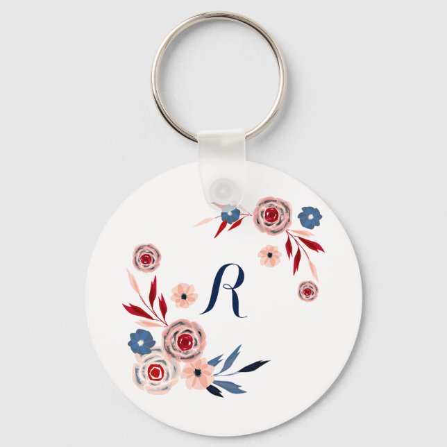 Pink, blue flowers, floral pattern, personalized keychain (Front)
