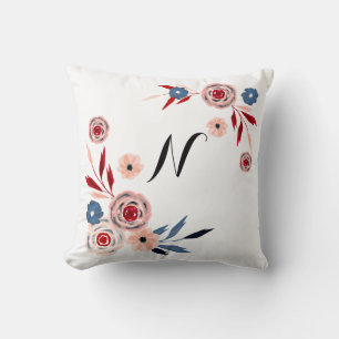 Pink, blue flowers, floral pattern, personalized throw pillow