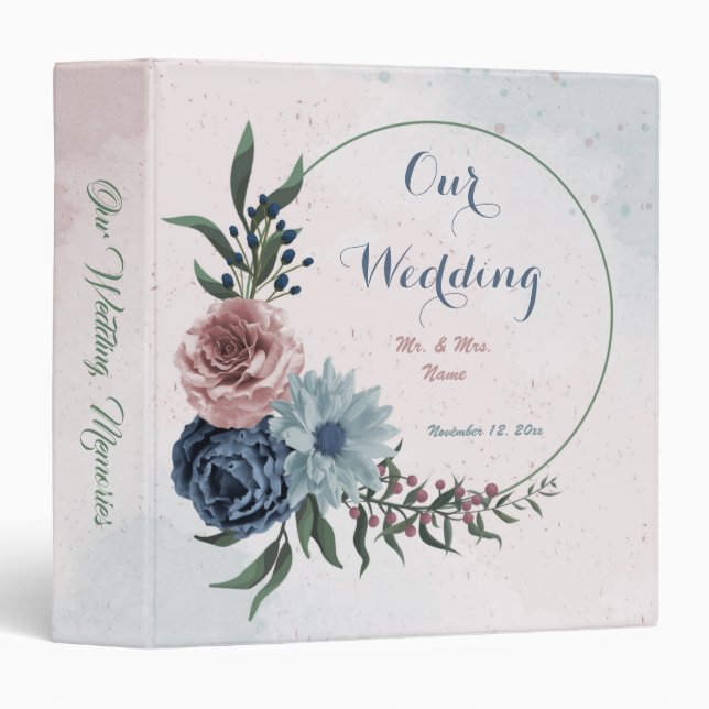 Pink blue flowers greenery wedding photo album  binder (Front/Spine)