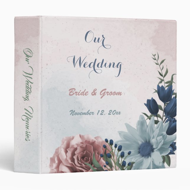 Pink blue flowers greenery wedding photo album binder (Front/Spine)