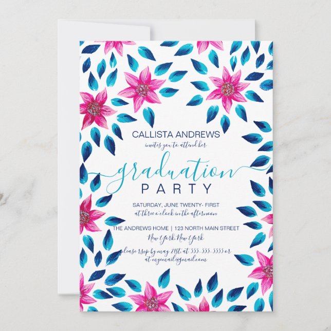 Pink Blue Flowers Leaf Acrylic Paint Graduation Invitation (Front)