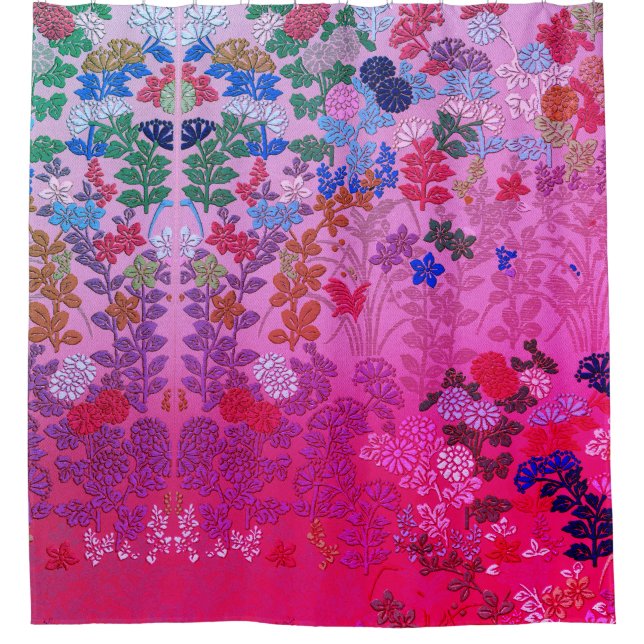 PINK BLUE FLOWERS,LEAVES ANTIQUE JAPANESE FLORAL (Front)