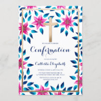 Pink Blue Flowers Leaves Gold Cross Confirmation