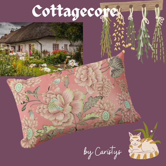 Pink Blue Flowers on Coral Background  Lumbar Pillow (Creator Uploaded)
