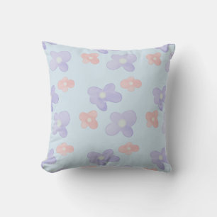 Pink Blue Flowers on Pastel Blue Throw Pillow