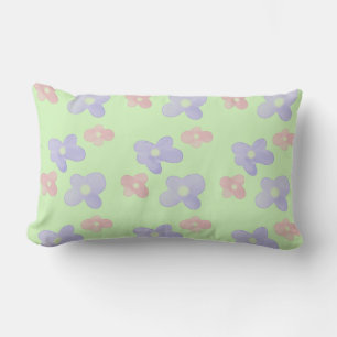 Pink Blue Flowers on Pastel Green Lumbar Pillow