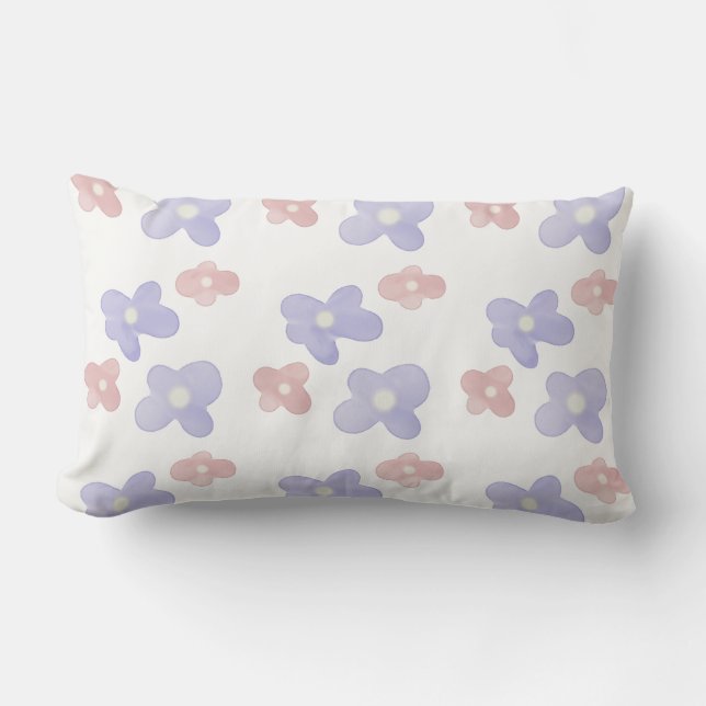 Pink Blue Flowers on White Lumbar Pillow (Front)