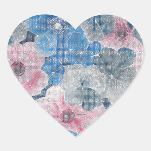 Pink Blue Flowers Sparkle Heart Sticker