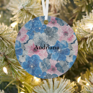 Pink Blue Flowers Sparkle Metal Ornament