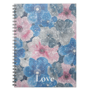 Pink Blue Flowers Sparkle Notebook