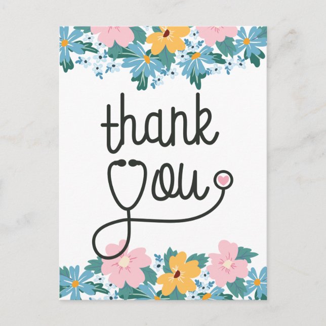 Pink Blue Flowers Stethoscope Nurse Thank You Postcard (Front)