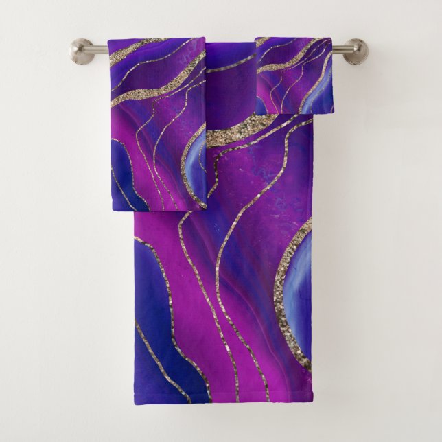 Pink Blue Galaxy Nebula Agate Glitter Glam #1  Bath Towel Set (Insitu)