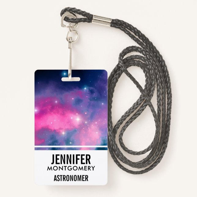 Pink & Blue Galaxy Nebula & Stars Abstract Badge (Front with Lanyard)
