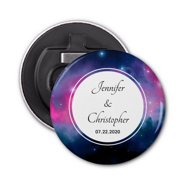 Pink & Blue Galaxy Nebula & Stars Abstract Wedding Bottle Opener (Front)