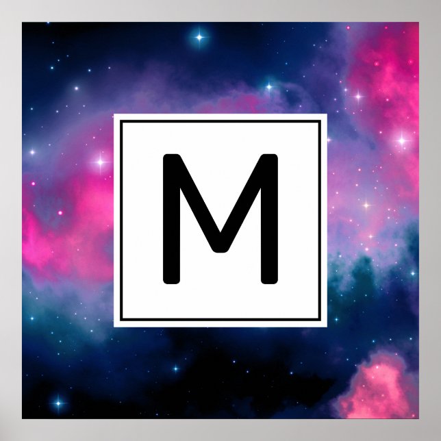 Pink & Blue Galaxy & Stars Abstract Monogram Poster (Front)