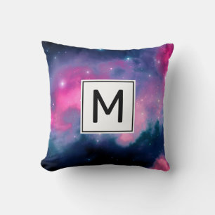 Pink & Blue Galaxy & Stars Abstract Monogram Throw Pillow