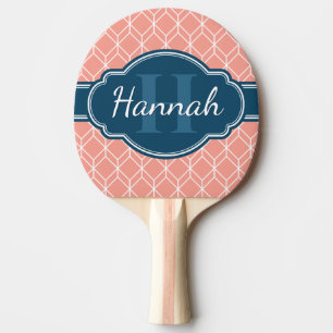 Pink Blue Geometric Pattern Monogram Bat Ping Pong Paddle