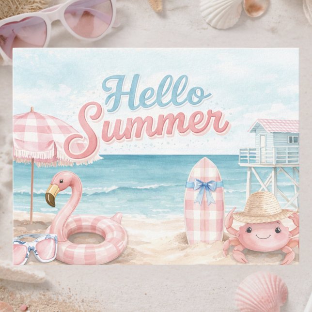 Pink Blue Gingham Hello Summer Beach Coastal Postcard (Creator Uploaded)