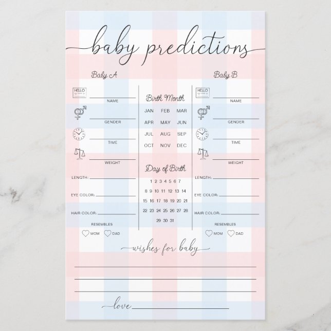 Pink Blue Gingham Twins Baby Predictions Game (Front)