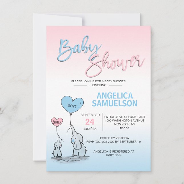 Pink Blue Girl or Boy Neutral Elephant Baby Shower Invitation (Front)