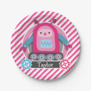 Pink & Blue Girl Robot; Pink & White Stripes Paper Plate
