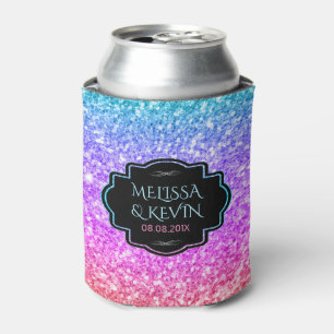 Pink & Blue Glitter, Black Frame Wedding Template Can Cooler