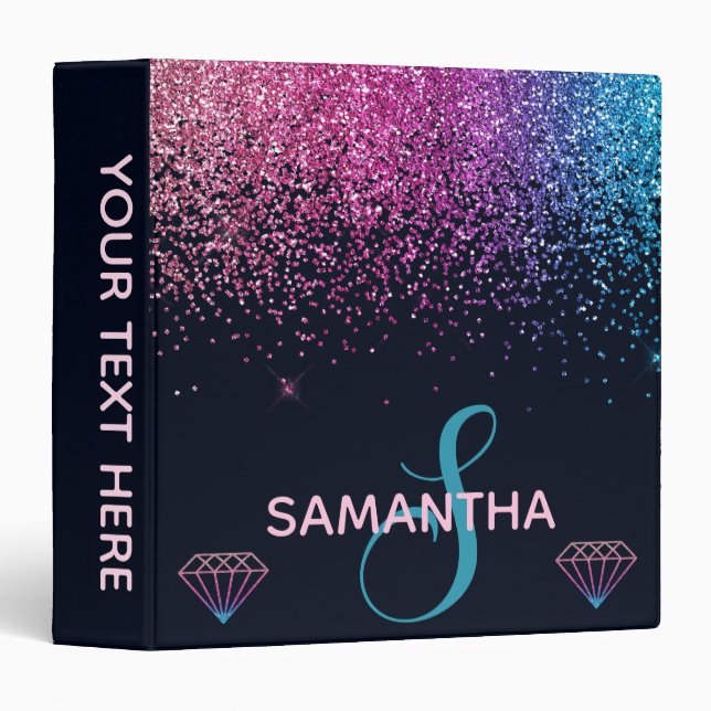 Pink & Blue Glitter & Diamonds Monogram Binder (Front/Spine)