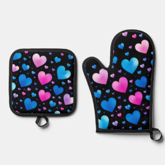 Pink & Blue Glowing Hearts Oven Mitt & Pot Holder Set