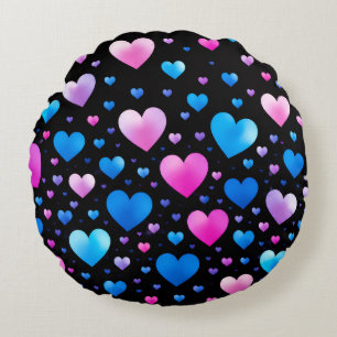Pink & Blue Glowing Hearts Round Pillow