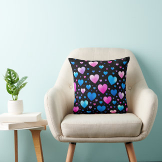 Pink & Blue Glowing Hearts Throw Pillow