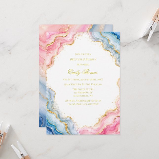 Pink Blue Gold Agate Brunch & Bubbly Invitation (Front/Back In Situ)