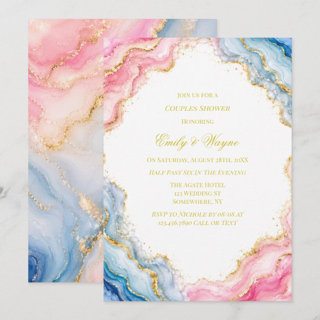 Pink Blue Gold Agate Couples Shower Invitation (Front/Back)
