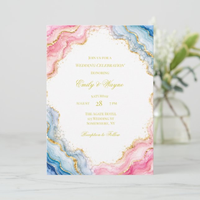 Pink Blue Gold Agate Wedding Celebration Invitation (Standing Front)